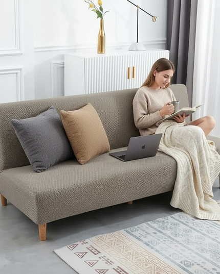 Housse de clic clac jacquard taupe élastique – Protection canapé convertible – Photo Variation 6