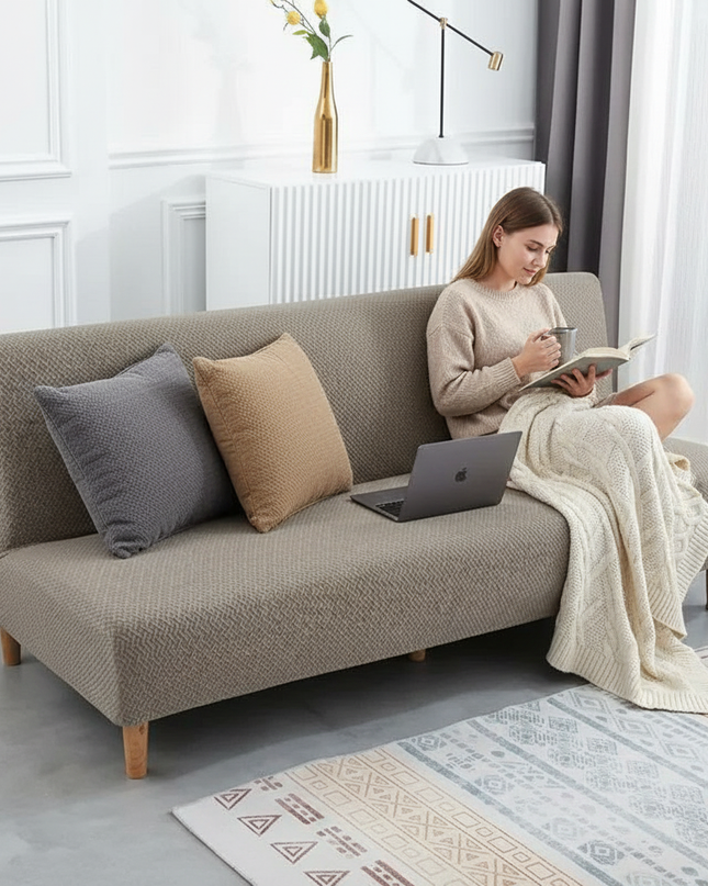 Housse de clic clac jacquard taupe élastique – Protection canapé convertible – Photo Variation 6