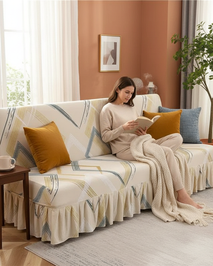 Housse de clic clac géométrique beige volant – Protection canapé convertible – Photo Variation 6