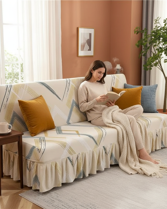 Housse de clic clac géométrique beige volant – Protection canapé convertible – Photo Variation 6