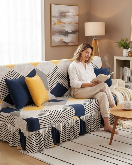 Housse de clic clac géométrique jaune bleu – Protection canapé convertible – Photo Variation 6