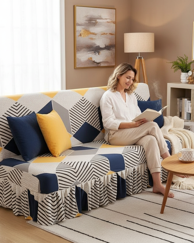 Housse de clic clac géométrique jaune bleu – Protection canapé convertible – Photo Variation 6