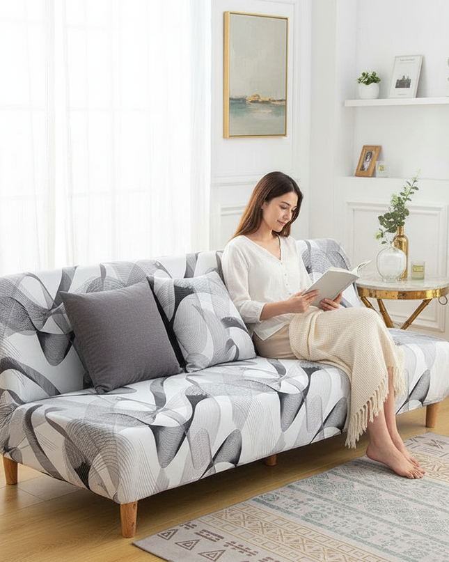 Housse de clic clac extensible ondes grises – Protection canapé convertible – Photo Variation 6
