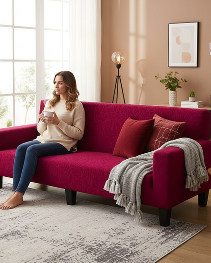 Housse de clic clac fuchsia feuilles extensible – Protection canapé convertible – Photo Variation 6