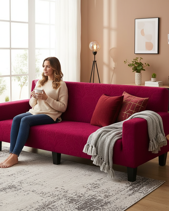 Housse de clic clac fuchsia feuilles extensible – Protection canapé convertible – Photo Variation 6