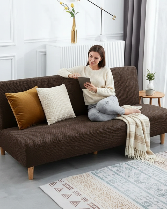 Housse de clic clac marron jacquard extensible – Protection canapé convertible – Photo Variation 6