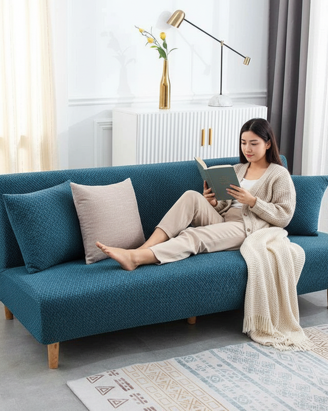 Housse de clic clac bleu canard jacquard – Protection canapé convertible – Photo Variation 6