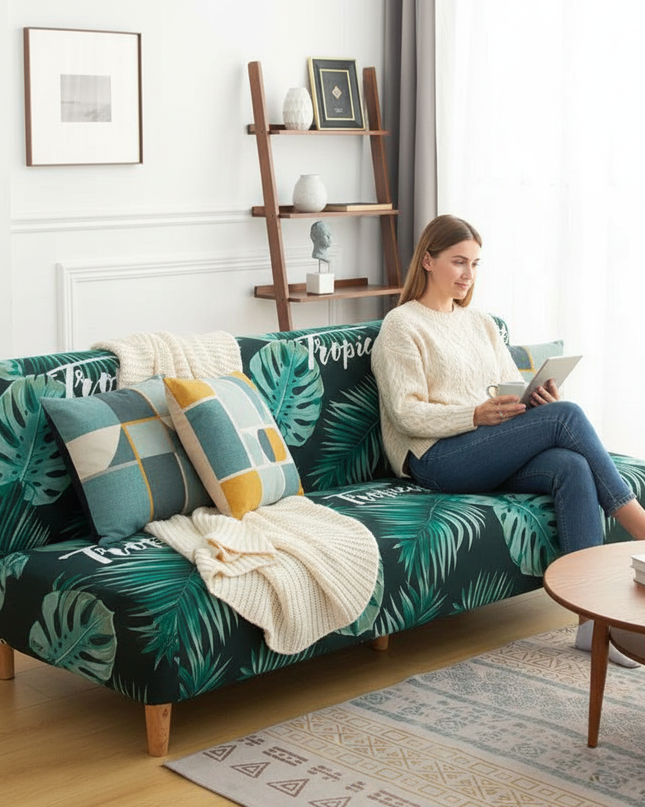 Housse de clic clac imprimé tropical vert – Protection canapé convertible – Photo Variation 6