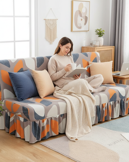 Housse de clic clac imprimé feuilles orange – Protection canapé convertible – Photo Variation 6