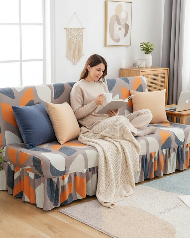 Housse de clic clac imprimé feuilles orange – Protection canapé convertible – Photo Variation 6