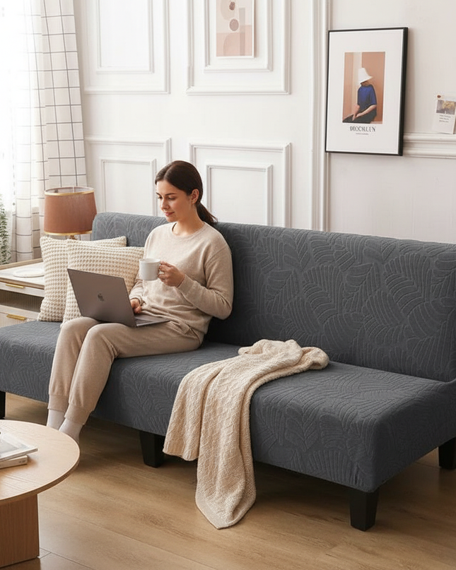 Housse de clic clac grise motif feuille – Protection canapé convertible – Photo Variation 6