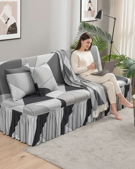 Housse de clic clac géométrique grise jupe – Protection canapé convertible – Photo Variation 6