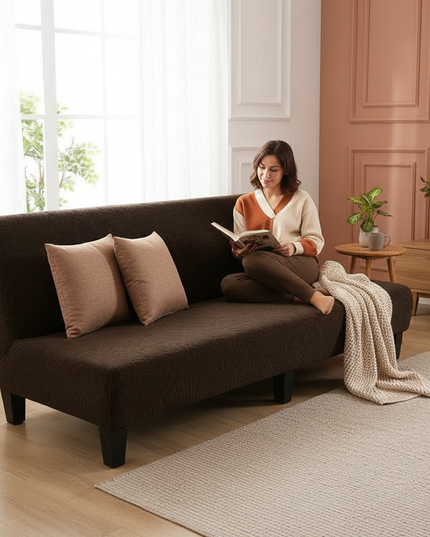 Housse de clic clac marron jacquard feuilles – Protection canapé convertible – Photo Variation 6