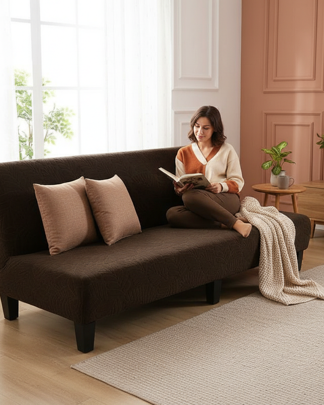 Housse de clic clac marron jacquard feuilles – Protection canapé convertible – Photo Variation 6