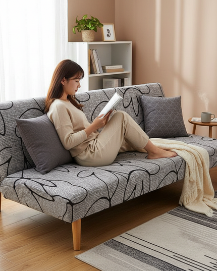 Housse de clic clac grise motifs végétaux – Protection canapé convertible – Photo Variation 6