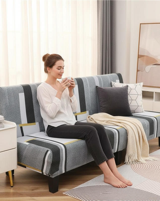 Housse de clic clac motifs géométriques gris – Protection canapé convertible – Photo Variation 6