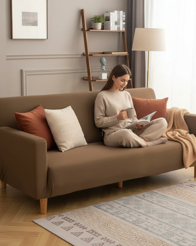 Housse de clic clac unie marron stretch – Protection canapé convertible – Photo Variation 6