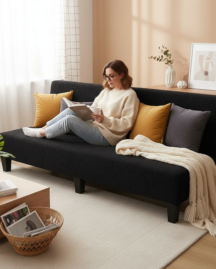 Housse de clic clac noire jacquard feuilles – Protection canapé convertible – Photo Variation 6