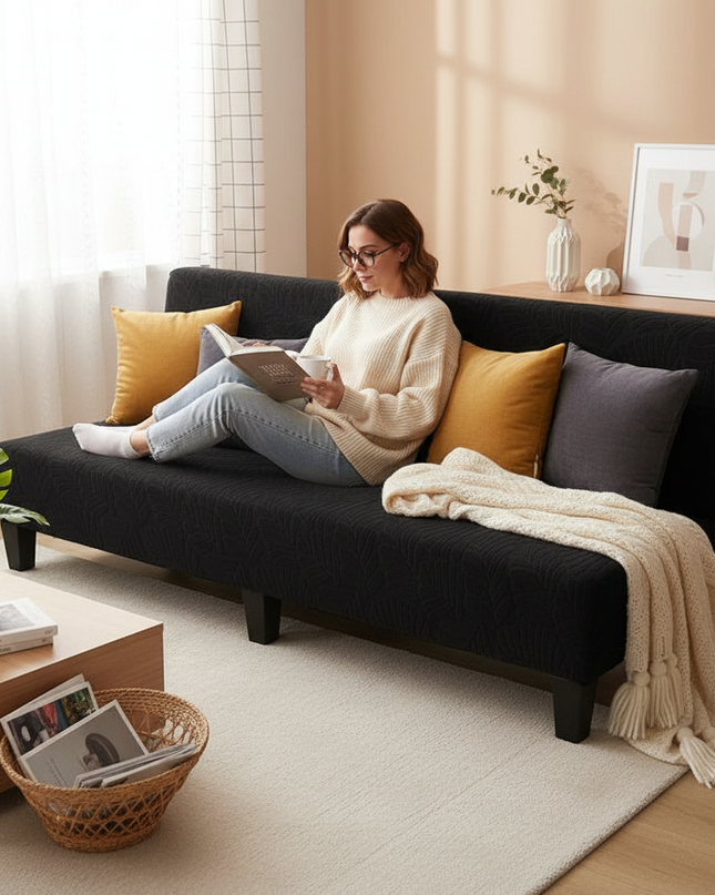 Housse de clic clac noire jacquard feuilles – Protection canapé convertible – Photo Variation 6