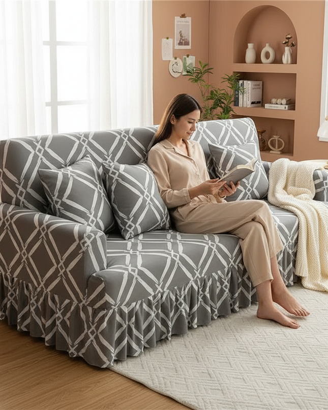 Housse de clic clac gris motifs géométriques – Protection canapé convertible – Photo Variation 6