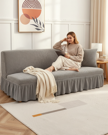 Housse de clic clac grise extensible à volants – Protection canapé convertible – Photo Variation 6