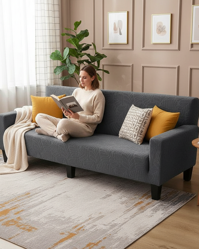 Housse de clic clac anthracite motifs feuilles – Protection canapé convertible – Photo Variation 6