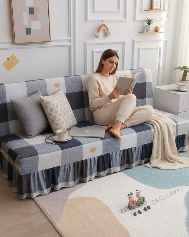 Housse de clic clac carreaux bleu gris – Protection canapé convertible – Photo Variation 6