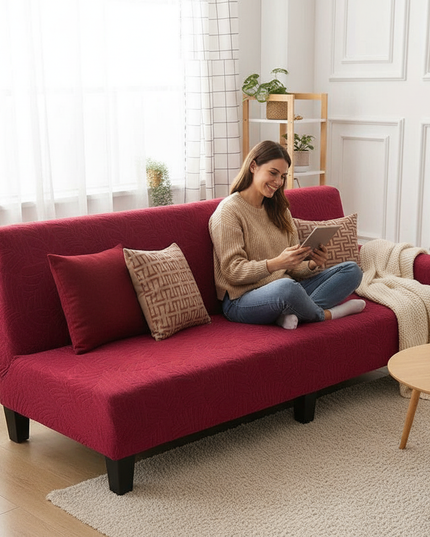 Housse de clic clac bordeaux stretch feuilles – Protection canapé convertible – Photo Variation 6