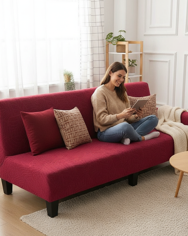Housse de clic clac bordeaux stretch feuilles – Protection canapé convertible – Photo Variation 6