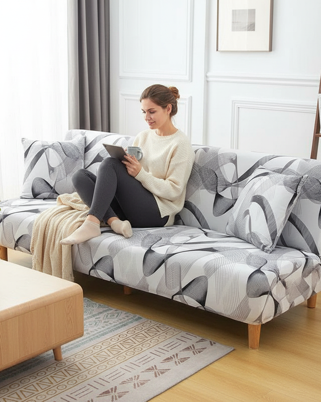 Housse de clic clac motifs abstraits noir gris – Protection canapé convertible – Photo Variation 6
