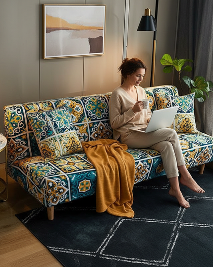 Housse de clic clac motifs mosaïque bleu jaune – Protection canapé convertible – Photo Variation 6