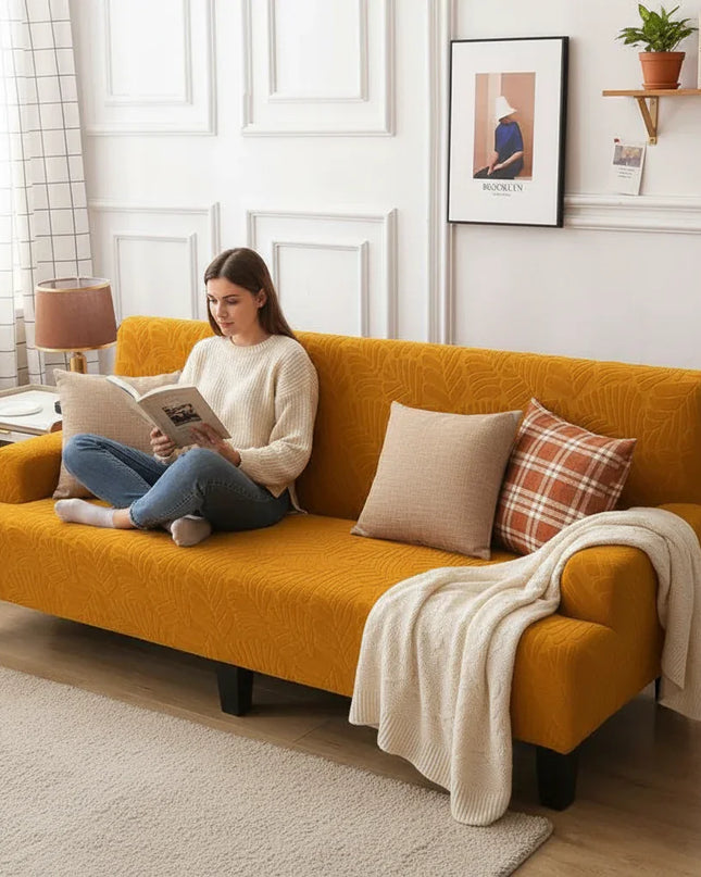 Housse de clic clac ocre feuillage extensible – Protection canapé convertible – Photo Variation 6