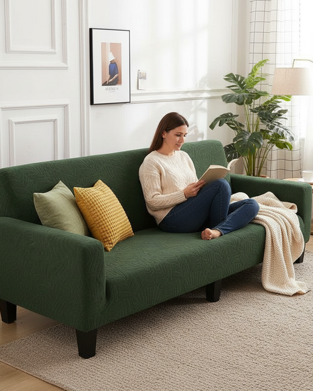 Housse de clic clac vert feuillage jacquard – Protection canapé convertible – Photo Variation 6