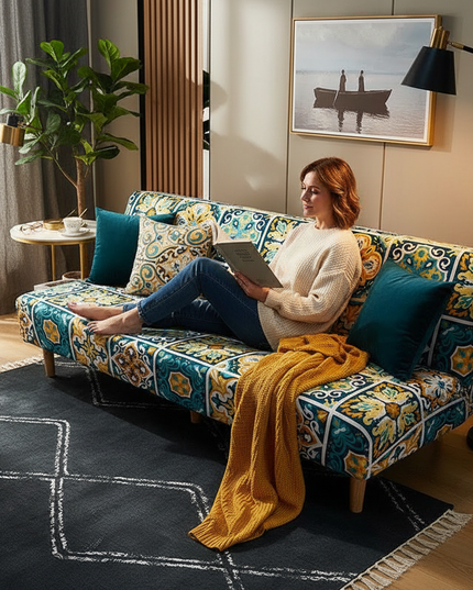 Housse de clic clac motifs mosaïque bleu jaune – Protection canapé convertible – Photo Variation 12