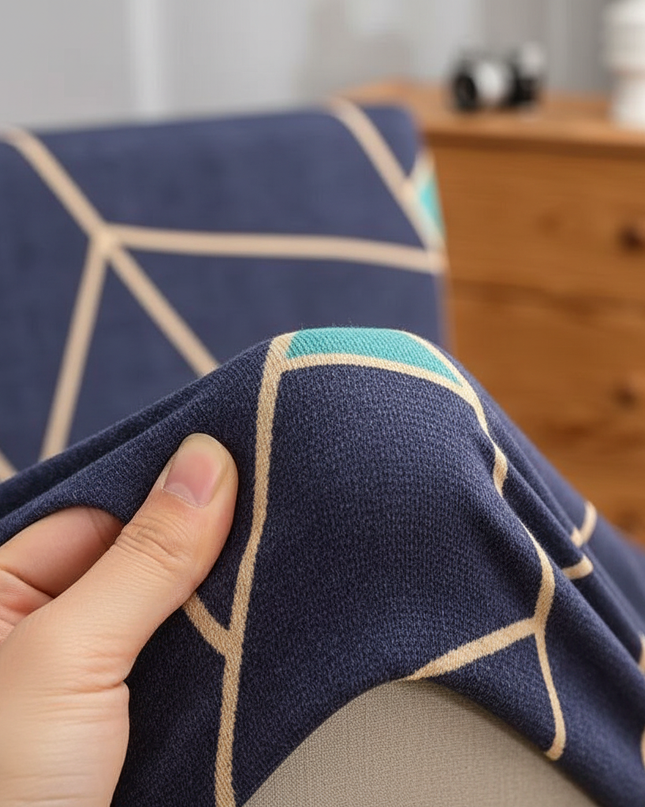 Housse de clic clac géométrique bleue stretch – Protection canapé convertible – Photo Variation 5