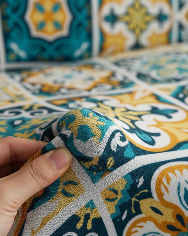 Housse de clic clac motifs mosaïque bleu jaune – Protection canapé convertible – Photo Variation 5