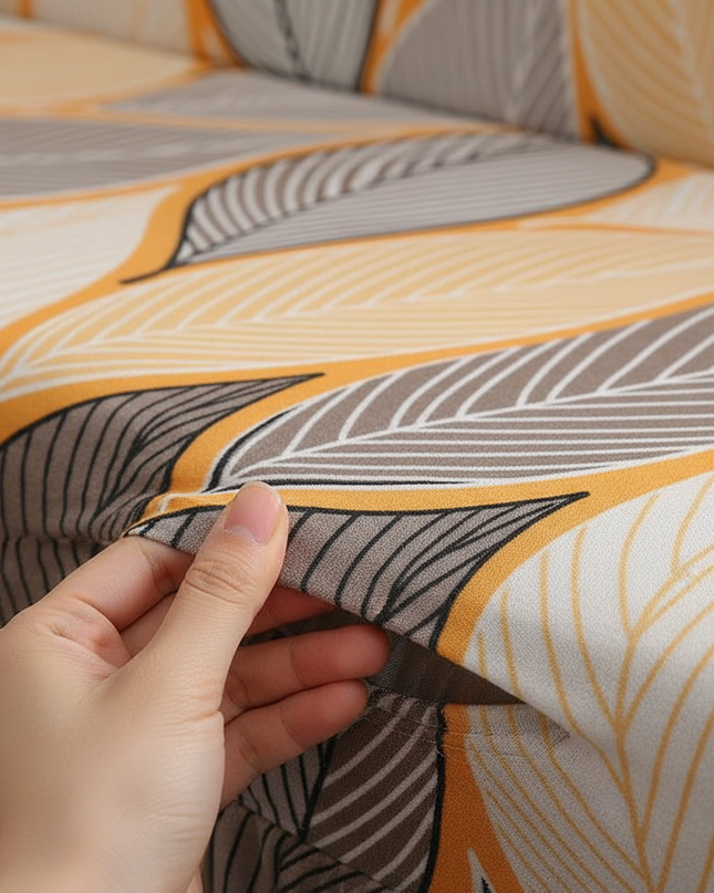 Housse de clic clac imprimé feuilles jupe jaune – Protection canapé convertible – Photo Variation 5