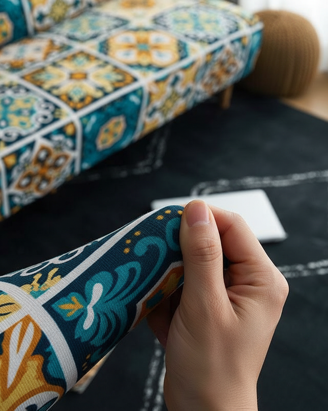 Housse de clic clac motifs mosaïque bleu jaune – Protection canapé convertible – Photo Variation 11