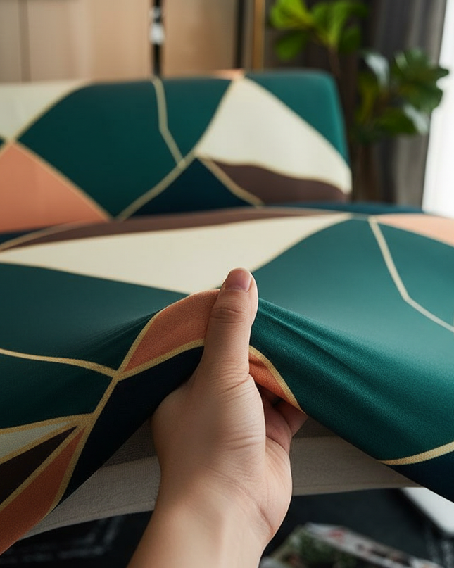 Housse de clic clac géométrique verte moderne. – Protection canapé convertible – Photo Variation 5