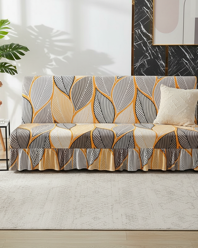 Housse de clic clac imprimé feuilles jupe jaune – Protection canapé convertible – Photo Variation 4