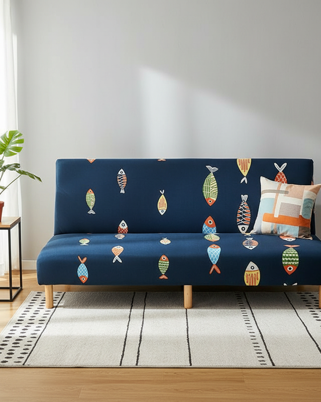 Housse de clic clac géométrique bleu jaune – Protection canapé convertible – Photo Variation 4