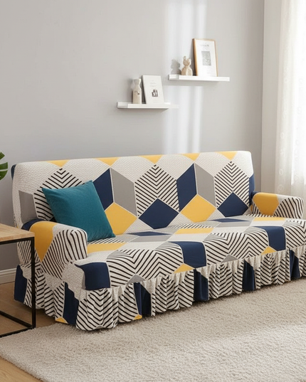 Housse de clic clac géométrique jaune bleu – Protection canapé convertible – Photo Variation 4