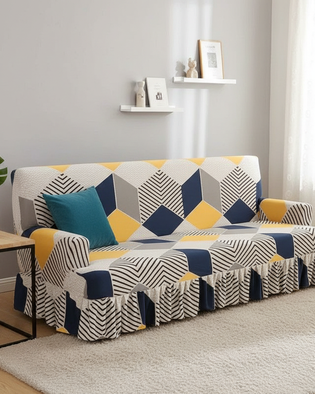 Housse de clic clac géométrique jaune bleu – Protection canapé convertible – Photo Variation 4