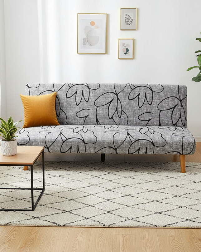 Housse de clic clac grise motifs végétaux – Protection canapé convertible – Photo Variation 4