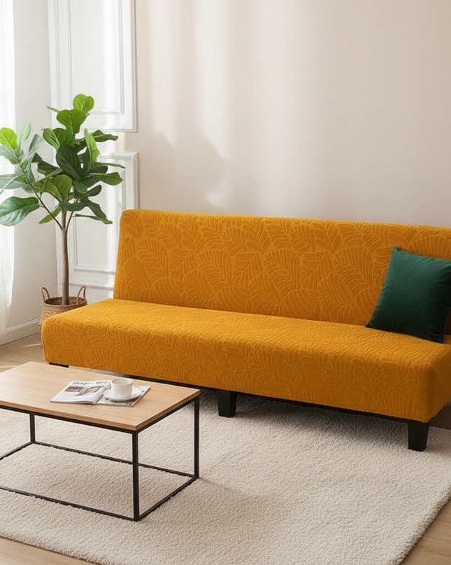 Housse de clic clac ocre jacquard feuilles – Protection canapé convertible – Photo Variation 4