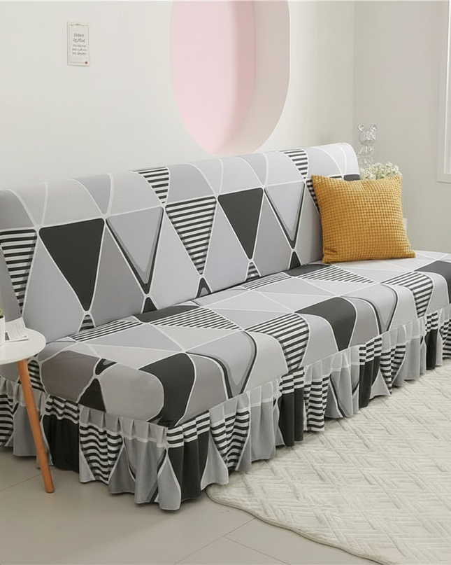 Housse de clic clac gris géométrique volants – Protection canapé convertible – Photo Variation 4