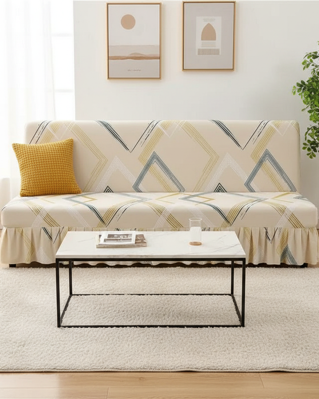 Housse de clic clac géométrique beige volant – Protection canapé convertible – Photo Variation 4
