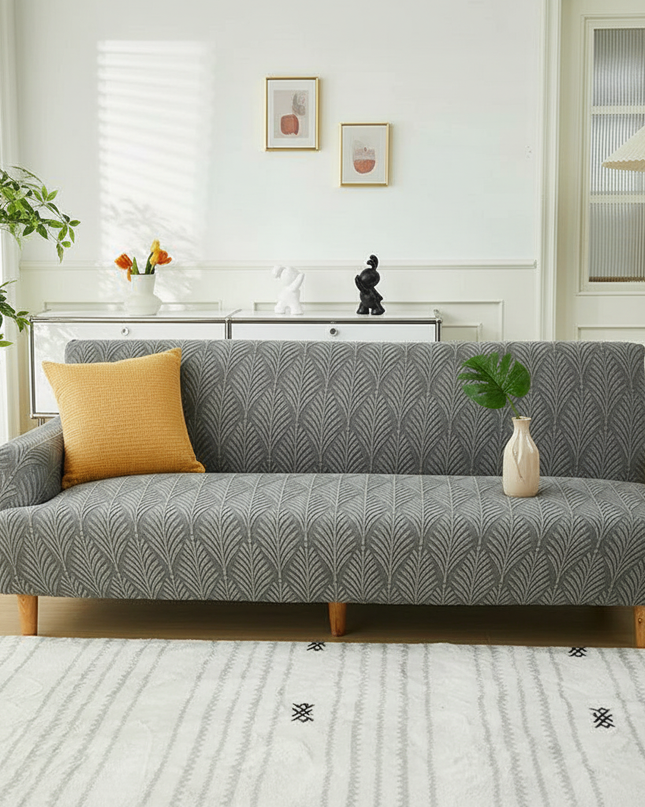 Housse de clic clac grise jacquard feuilles – Protection canapé convertible – Photo Variation 4