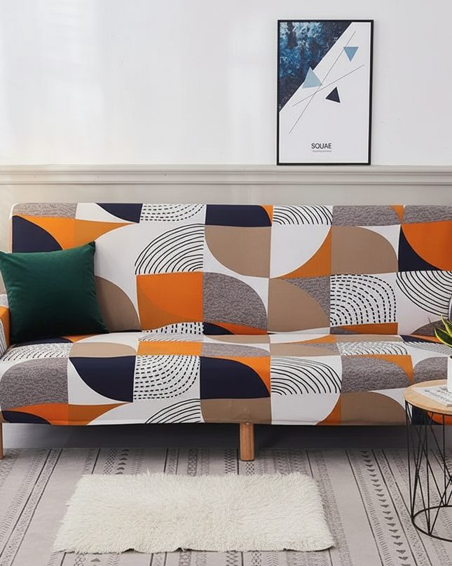 Housse de clic clac motif géométrique orange – Protection canapé convertible – Photo Variation 4