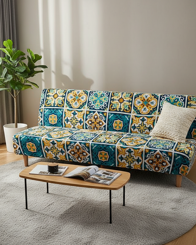 Housse de clic clac motifs mosaïque bleu jaune – Protection canapé convertible – Photo Variation 4